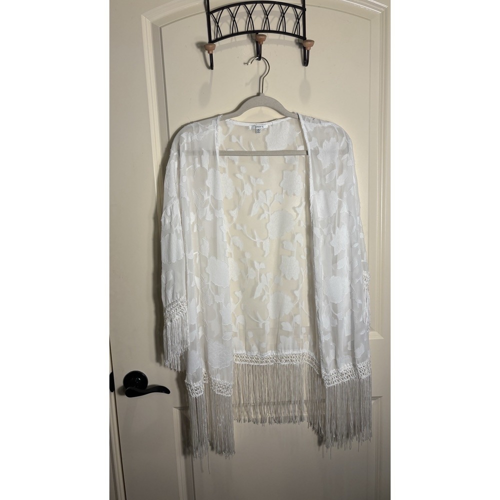Jodifl White Size M Lace Fringe Boho Bridal Cardigan Cover Up Kimono Festival